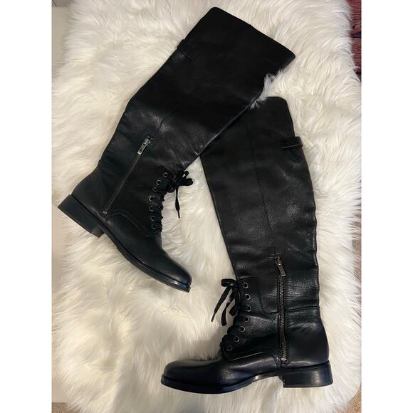 Vero Cuoio Italian Black Leather Made in Italy Knee High Lace Up Boots Size 7.5 - Picture 1 of 7